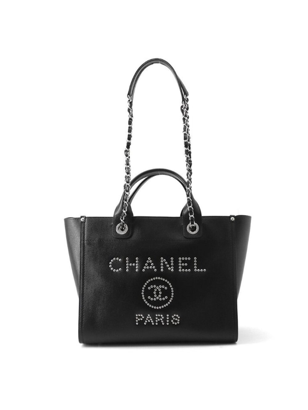 Chanel Tote Bag Deauville Shopping CC Logo Studs Caviar Leather 2-Way Black